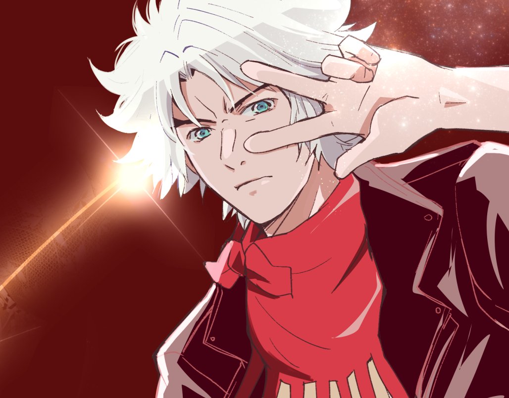 1boy bandana black_jacket blue_eyes classicaloid closed_mouth expressionless jacket kusano_gurima lens_flare long_sleeves looking_at_viewer ludwig_van_beethoven_(classicaloid) male_focus portrait red_bandana short_hair solo v v-shaped_eyebrows v_over_eye white_hair