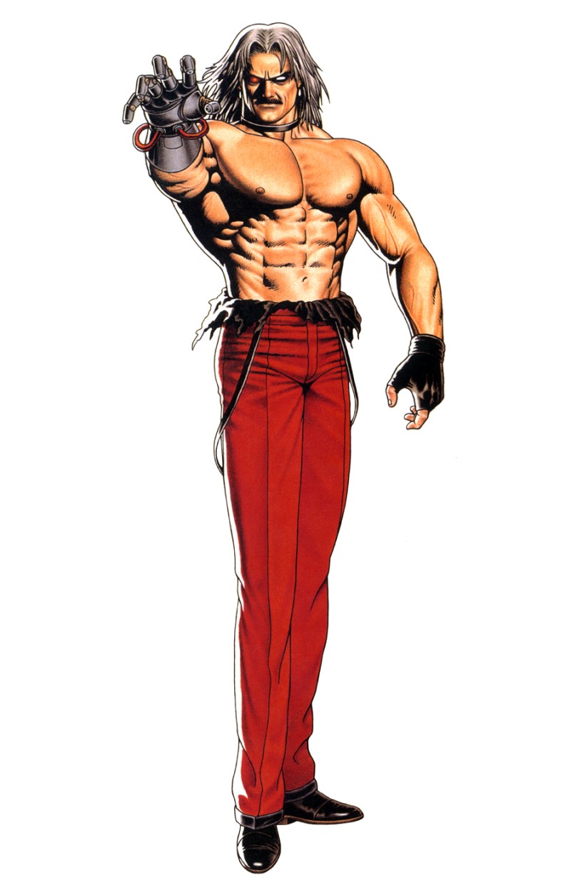 1boy cable cyborg grey_hair heterochromia highres joints male_focus mechanical_arms mori_toshiaki muscular muscular_male official_art omega_rugal robot_joints rugal_bernstein single_mechanical_arm snk solo the_king_of_fighters the_king_of_fighters_&#039;95 topless_male