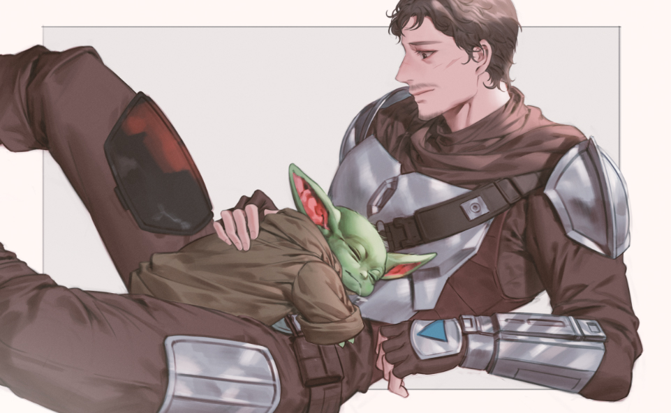 2boys armor belt bodysuit border brown_belt brown_bodysuit brown_cape brown_eyes brown_gloves brown_hair brown_vest cape child closed_eyes closed_mouth colored_skin commentary_request din_djarin facial_hair fingerless_gloves gloves green_skin grey_background grogu hood hooded_cape korean_commentary long_sleeves looking_at_another looking_down lying lying_on_person male_focus multiple_boys on_stomach outside_border poboong123 pocket pointy_ears short_hair shoulder_armor simple_background sitting sleeping smile star_wars the_mandalorian vest white_border wide_sleeves
