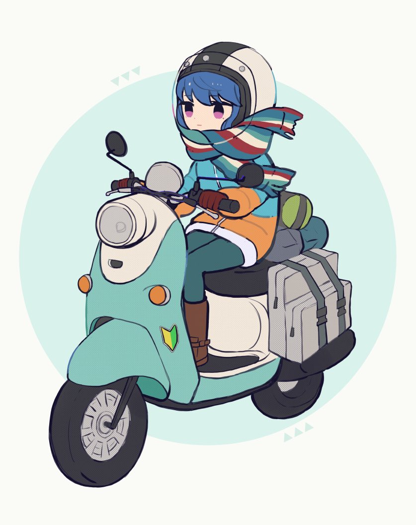 1girl aqua_pantyhose blue_hair boots brown_boots gloves helmet jacket motor_vehicle on_scooter orange_jacket pantyhose purple_eyes s1ho_(ukiy0u0) scarf scooter shima_rin shoshinsha_mark sitting solo striped_clothes striped_scarf yurucamp