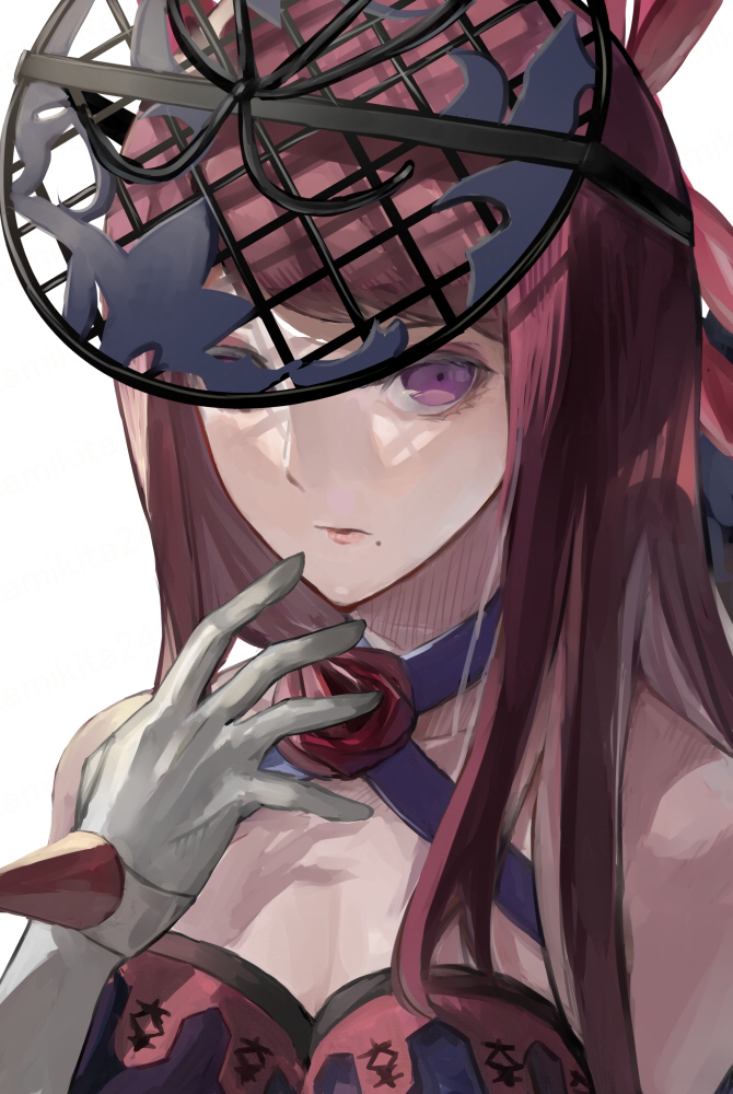 1girl bare_shoulders breasts cleavage dress elbow_gloves fascinator fire_emblem fire_emblem_engage flower gloves ivy_(fire_emblem) jewelry long_hair looking_at_viewer mai_yukari medium_breasts mole mole_under_mouth nintendo portrait purple_eyes purple_hair rose simple_background solo very_long_hair white_background white_gloves