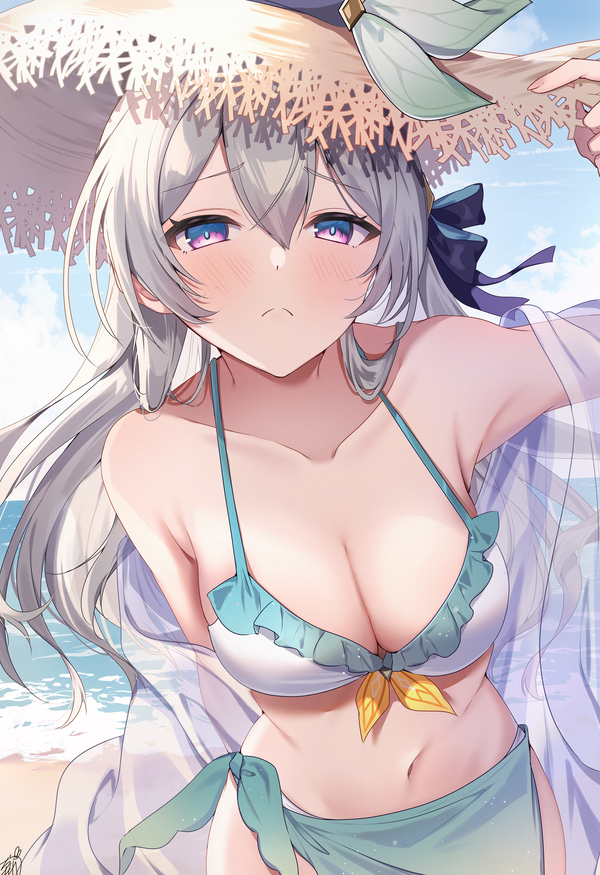 1girl alternate_costume aqua_sarong armpit_crease beach bikini blue_sky breasts cleavage collarbone day firefly_(honkai:_star_rail) frown grey_hair hair_between_eyes hand_up hat honkai:_star_rail honkai_(series) large_breasts long_hair looking_at_viewer multicolored_bikini navel ocean omuretsu purple_eyes sarong see-through_clothes see-through_shirt shirt sidelocks signature sky solo stomach straw_hat swimsuit two-tone_bikini upper_body white_bikini white_shirt
