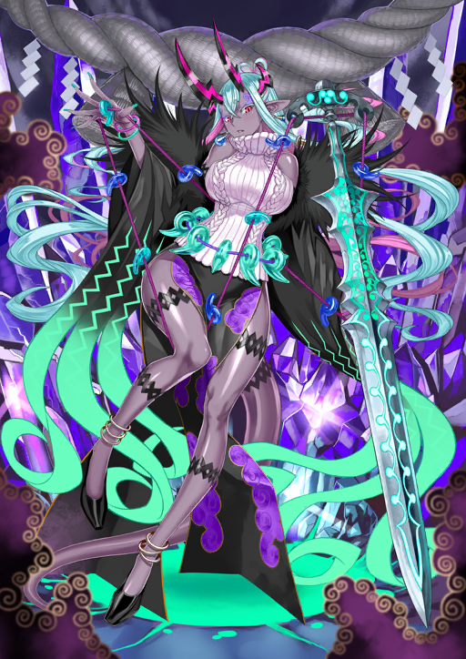 1girl anklet aqua_hair bare_shoulders black_shoes black_skirt black_sleeves bracelet breasts cable_knit colored_eyelashes colored_skin crossed_bangs curvy detached_sleeves fate/grand_order fate_(series) fingernails floating floating_hair full_body game_cg green_nails hair_between_eyes hand_up high_heels honjou_raita horns huge_weapon ibuki_douji_(fate) ibuki_douji_(second_ascension)_(fate) impossible_clothes impossible_sweater jewelry kusanagi_no_tsurugi_(fate) large_breasts leg_tattoo long_fingernails long_hair long_pointy_ears long_skirt looking_at_viewer magatama multicolored_hair multiple_anklets multiple_bracelets narrow_waist official_art outstretched_hand parted_lips pelvic_curtain pink_hair pink_horns pink_sweater pointy_ears purple_skin rope shide shoes side_slit skirt sleeveless sleeveless_sweater solo sweater sword tail tattoo third-party_source turtleneck turtleneck_sweater two-tone_hair variant_set very_long_hair weapon