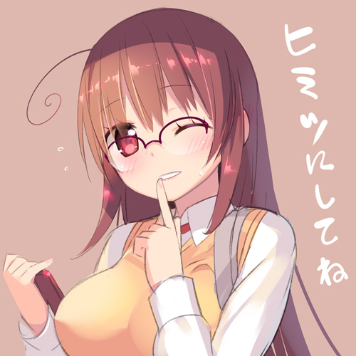 1girl ahoge arima_senne blush breasts brown_hair female_focus glasses kashiwamochi_yomogi large_breasts long_hair looking_at_viewer lowres one_eye_closed original red_eyes simple_background smile solo translation_request upper_body