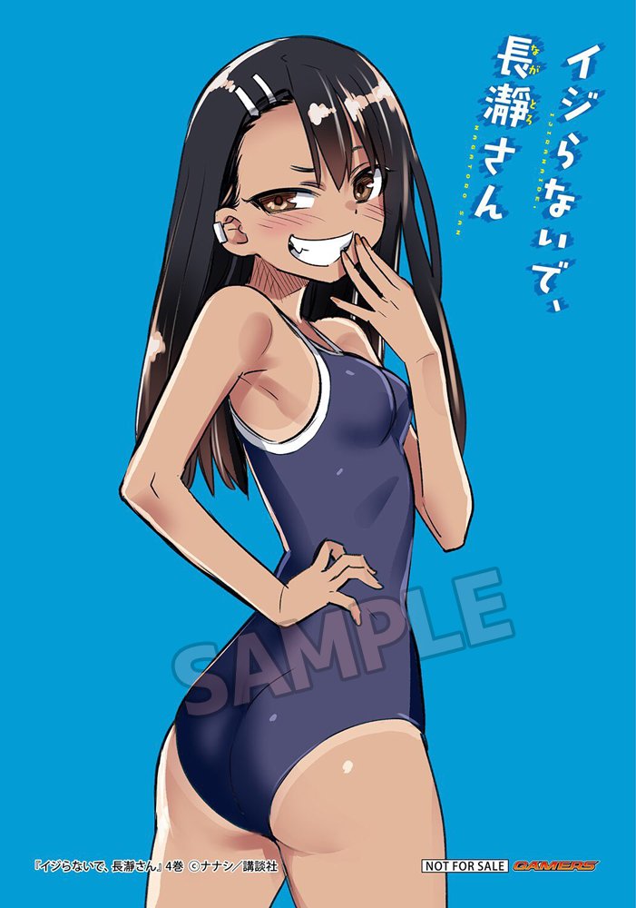 1girl 774_(nanashi) :d ass black_hair blue_background blue_one-piece_swimsuit breasts brown_eyes earrings grin hand_on_own_hip ijiranaide_nagatoro-san jewelry long_hair looking_at_viewer looking_back nagatoro_hayase official_art one-piece_swimsuit one-piece_tan open_mouth sample_watermark single_earring small_breasts smile solo swimsuit tan tanline teeth watermark