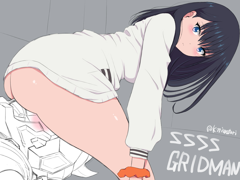 1girl ass black_hair blue_eyes blush bottomless breasts cardigan copyright_name from_side gridman_(ssss) gridman_universe hip_focus huge_ass long_hair long_sleeves looking_at_viewer looking_back niwatori_kokezou nose_blush orange_scrunchie scrunchie sitting sitting_on_face sitting_on_person solo_focus ssss.gridman takarada_rikka thick_thighs thighs twitter_username white_cardigan wide_hips