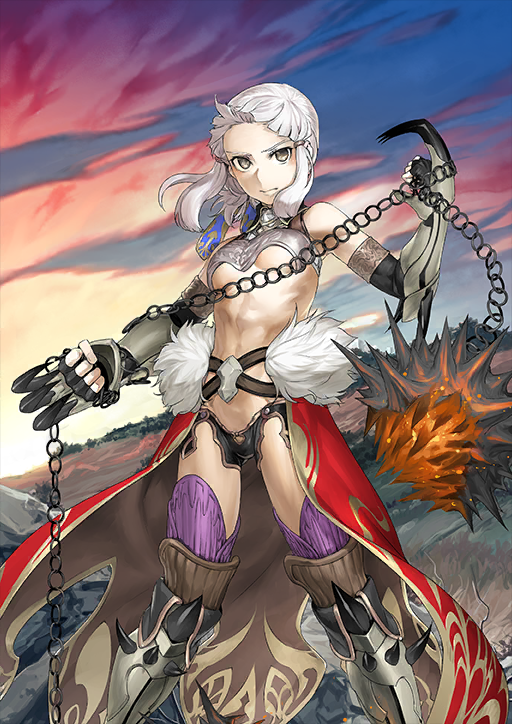 1girl armored_boots armored_gloves ball_and_chain_(weapon) bare_shoulders belt black_collar black_gloves black_shorts blue_ribbon blunt_bangs boobplate boots breastplate breasts brown_belt brown_eyes cape chain clawed_gauntlets clenched_hands closed_mouth collar crop_top elbow_gloves embers expressionless fate/grand_order fate_(series) feet_out_of_frame fingerless_gloves fur-trimmed_waist_cape fur_trim gloves glowing glowing_weapon goddess_of_war_(fate) groin hair_ribbon hair_tie holding holding_chain holding_weapon legs_apart looking_at_viewer medium_breasts micro_shorts official_art penthesilea_(fate) purple_thighhighs red_cape ribbon shinjirou short_hair shorts sidelocks sleeveless solo spiked_ball_and_chain spiked_boots spiked_gauntlets spikes standing stomach thighhighs third-party_source underboob variant_set waist_cape weapon white_hair wing_collar