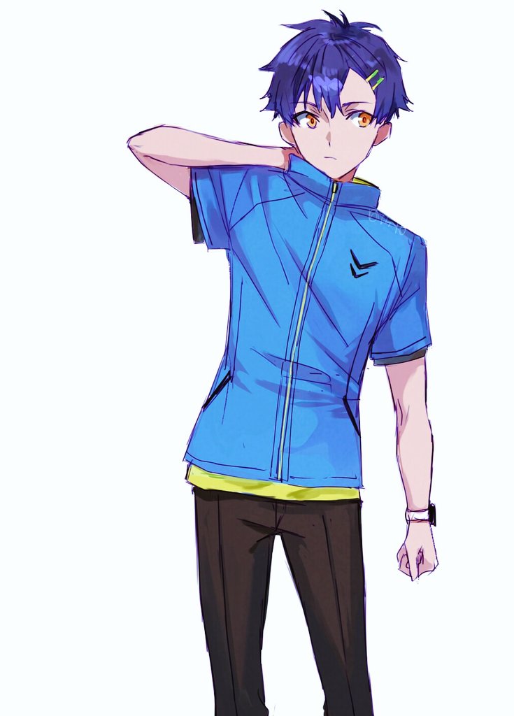1boy asanaka_yomogi blue_hair gridman_universe gridman_universe_(movie) hair_ornament hairclip long_hair pants risyo shirt short_hair short_sleeves simple_background solo watch white_background wristwatch yellow_eyes