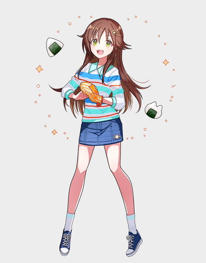 1girl animal-themed_food baseball_glove brown_hair cat_hair_ornament collared_shirt commentary_request denim denim_skirt food full_body green_eyes hair_flaps hair_ornament hairclip himekawa_yuki ich. idolmaster idolmaster_cinderella_girls long_hair looking_at_viewer onigiri open_mouth shirt shoes skirt smile sneakers socks solo striped_clothes striped_shirt