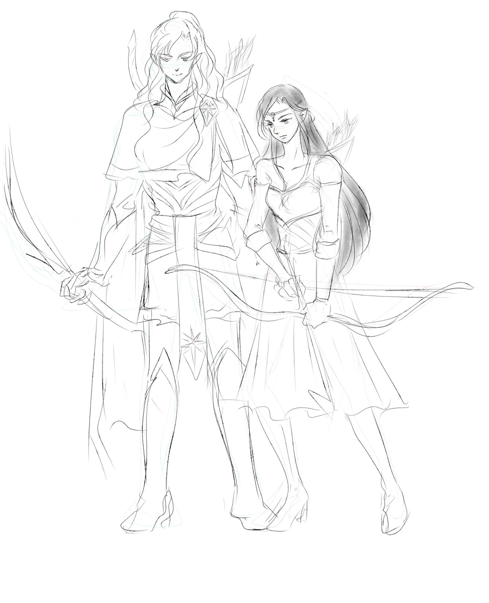 1boy 1girl aredhel arrow_(projectile) bare_shoulders black_hair boots bow_(weapon) breasts cape celegorm cleavage closed_mouth collar cousins elf full_body height_difference highres holding holding_arrow holding_bow_(weapon) holding_weapon long_hair looking_at_viewer mintkim monochrome pointy_ears prince quiver simple_background skirt smile standing the_silmarillion tiara tolkien&#039;s_legendarium weapon