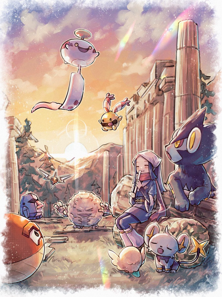 1girl :d akari_(pokemon) boots celestica_flute chimecho chingling closed_eyes cloud commentary_request fazibunnoe flute galaxy_expedition_team_survey_corps_uniform gen_1_pokemon gen_3_pokemon gen_4_pokemon gen_7_pokemon gradient_sky graveler hair_ornament hat headscarf highres hisuian_voltorb holding holding_instrument instrument long_hair luxio mountain nintendo nosepass open_mouth outdoors pillar pokemon pokemon_(creature) pokemon_legends:_arceus red_scarf rock rotom rotom_(normal) rowlet scarf scenery shinx sitting sky smile sun sunrise temple tree white_headscarf white_headwear