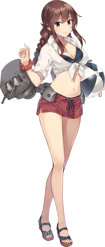 1girl ball beachball bikini black_bikini bracelet braid breasts brown_hair collared_shirt front-tie_top full_body green_eyes jewelry kantai_collection konishi_(koconatu) large_breasts long_hair machinery midriff navel noshiro_(kancolle) noshiro_(swimsuit)_(kancolle) official_art open_collar red_shorts sandals scrunchie ship_turret shirt shorts standing swept_bangs swimsuit third-party_source tied_shirt transparent_background twin_braids white_shirt