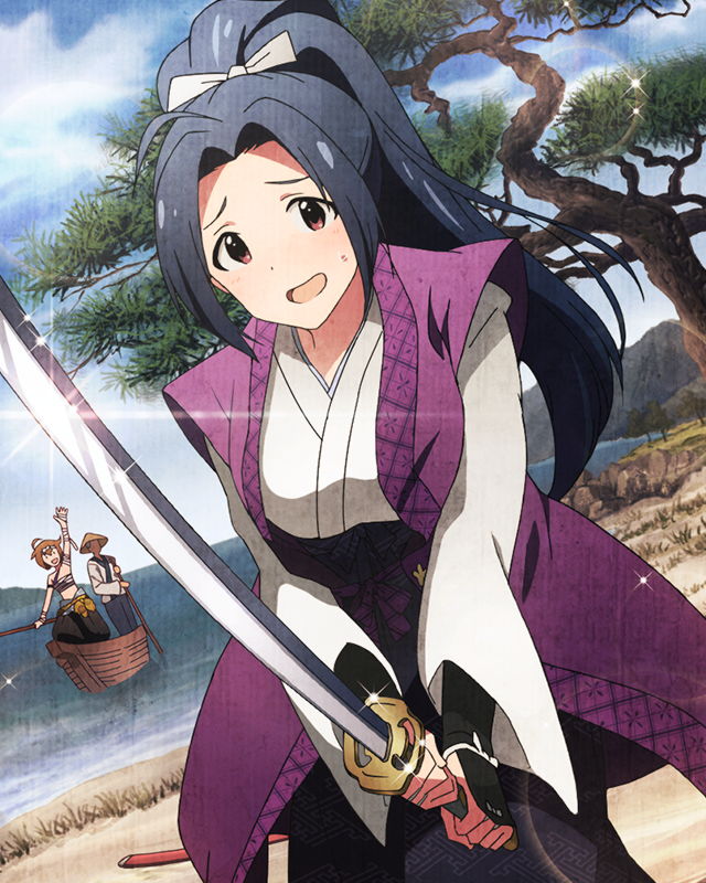 2girls ahoge alternate_hairstyle blue_hair brown_hair cosplay faceless faceless_male ibuki_tsubasa idolmaster idolmaster_(classic) idolmaster_million_live! japanese_clothes katana miura_azusa miyamoto_musashi miyamoto_musashi_(cosplay) multiple_girls official_art ponytail red_eyes sasaki_kojirou sasaki_kojirou_(cosplay) smile sword weapon