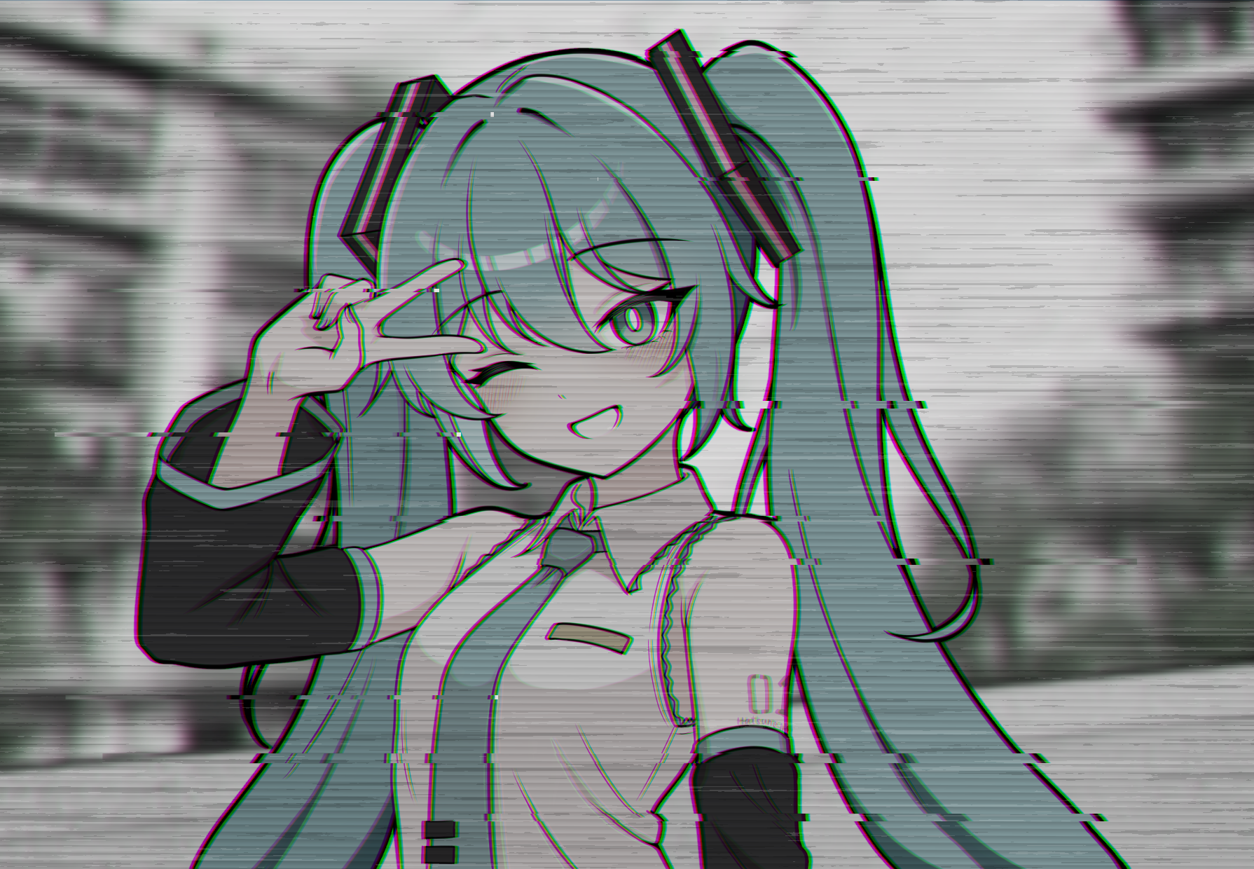 1girl aqua_eyes aqua_hair aqua_necktie armpit_crease bare_shoulders black_sleeves breasts bright_pupils collared_shirt commentary detached_sleeves glitch grey_background grin hair_ornament hatsune_miku head_tilt highres kumada_gaon light_blush long_hair looking_at_viewer medium_breasts necktie number_tattoo one_eye_closed open_mouth scanlines shirt smile solo static tattoo tsurime twintails upper_body v very_long_hair vocaloid white_pupils white_shirt