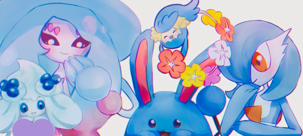 3girls :3 ^_^ alcremie alcremie_(berry_sweet) alcremie_(mint_cream) alternate_color azumarill black_eyes black_sclera blue_hair blue_headwear blue_skin blue_theme blush bob_cut butter_(oshi8kyoumoh) closed_eyes closed_mouth color_connection colored_sclera colored_skin comfey female_focus flat_chest flower gardevoir gen_2_pokemon gen_3_pokemon gen_7_pokemon gen_8_pokemon gradient_hair grey_background hair_over_one_eye hand_to_own_mouth hand_up happy hat hatterene heart light_blush long_hair looking_at_another looking_at_viewer multicolored_hair multicolored_skin multiple_girls nintendo one_eye_covered open_mouth orange_eyes pink_flower pink_hair pokemon pokemon_(creature) prehensile_hair red_flower shiny_pokemon short_hair sidelocks simple_background smile streaked_hair two-tone_hair two-tone_skin upper_body white_eyes white_flower white_skin yellow_flower