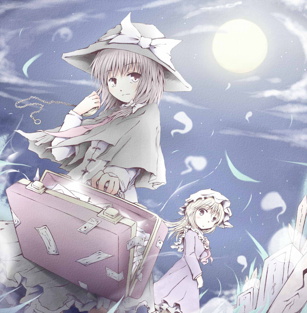 2girls bow capelet dress full_moon ghost grave graveyard hat hat_bow long_hair looking_at_viewer looking_back maribel_hearn moon multiple_girls night pocket_watch romi suitcase touhou usami_renko watch