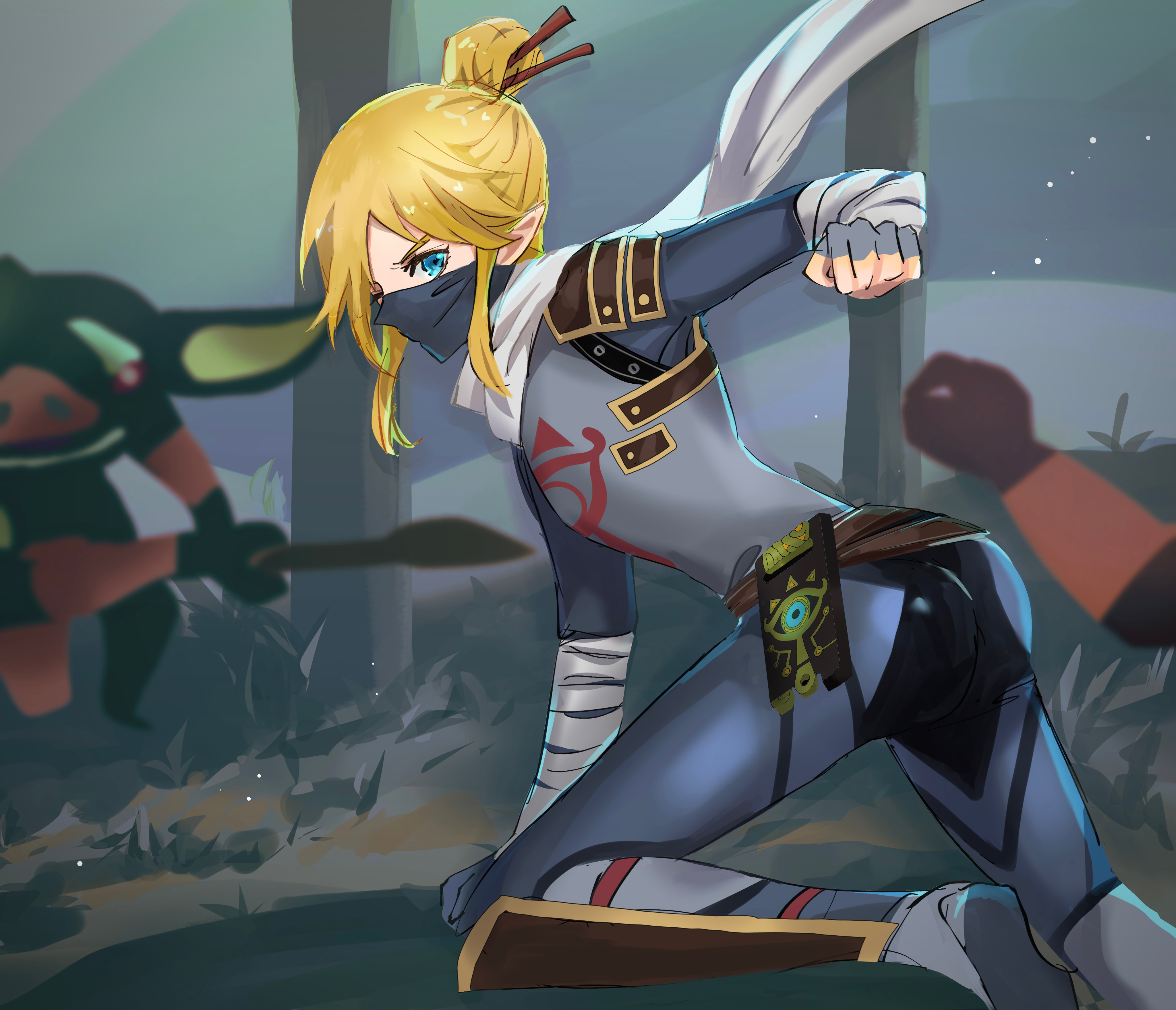 1boy absurdres blonde_hair blue_eyes bodysuit bokoblin clenched_hands fingerless_gloves gloves hair_bun hair_ornament hair_stick helen_(helen2210hk) highres link looking_at_viewer male_focus mask mouth_mask ninja_mask nintendo official_alternate_costume pointy_ears running scarf sheikah_slate short_hair stealth_set_(zelda) the_legend_of_zelda the_legend_of_zelda:_breath_of_the_wild