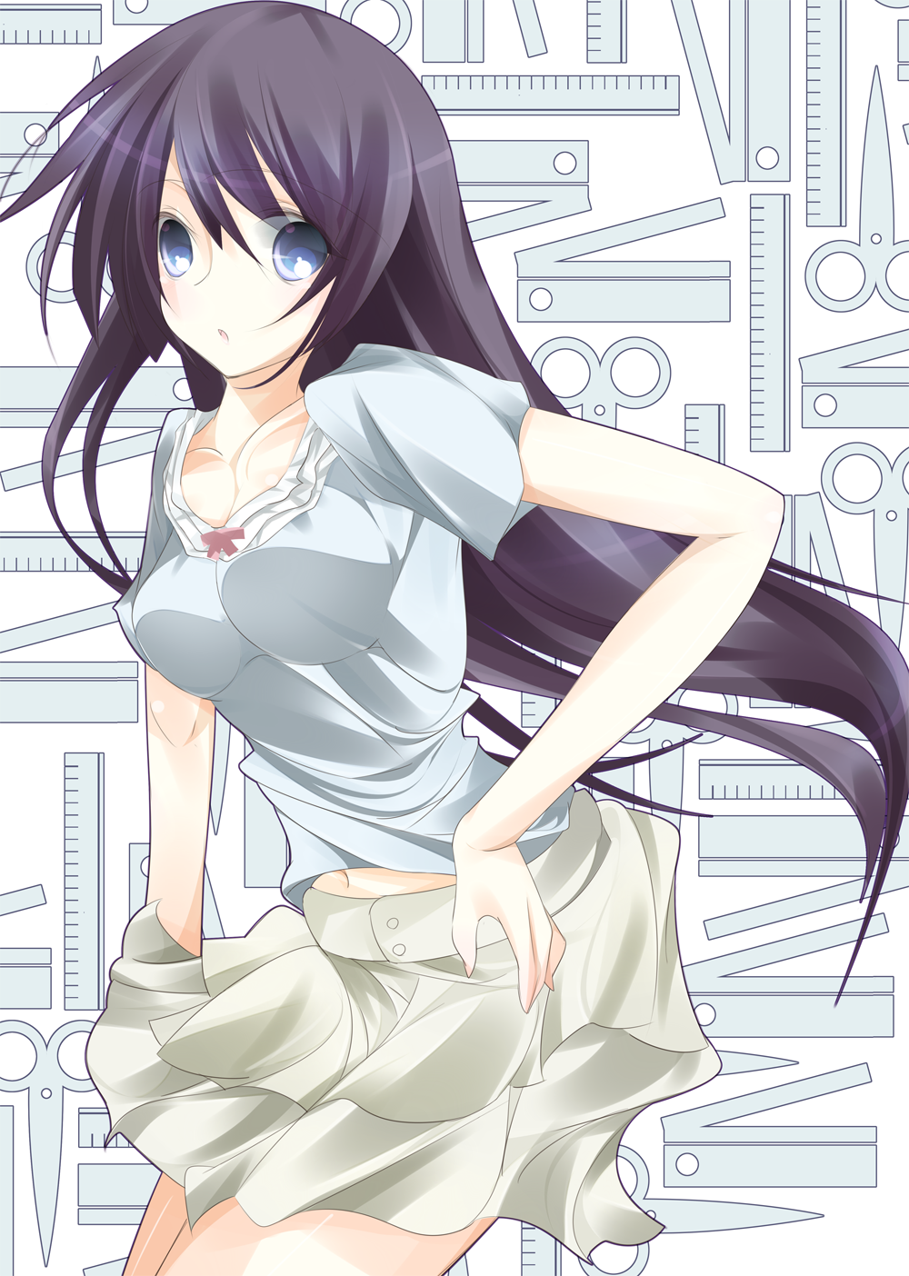 10s 1girl bakemonogatari black_hair blouse blue_eyes highres long_hair monogatari_(series) nisemonogatari purple_hair ruler scissors senjougahara_hitagi shirt skirt souyoku stapler
