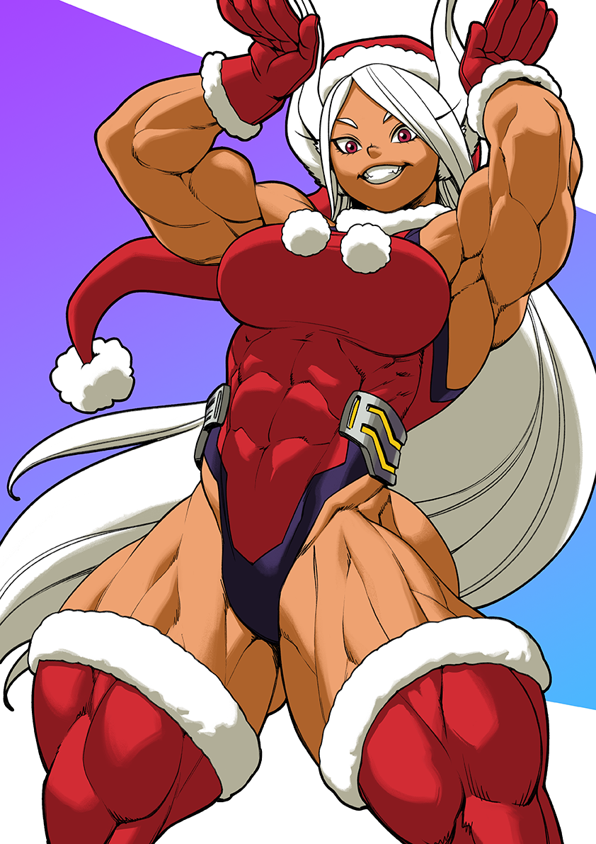 1girl abs armpits boku_no_hero_academia breasts fur-trimmed_gloves fur-trimmed_thighhighs fur_trim gloves grin hat leotard long_hair looking_at_viewer medium_breasts mirko muscular muscular_female pink_eyes pokkuti red_gloves red_hat red_leotard santa_hat santa_leotard simple_background smile solo thick_thighs thighhighs thighs very_long_hair white_hair