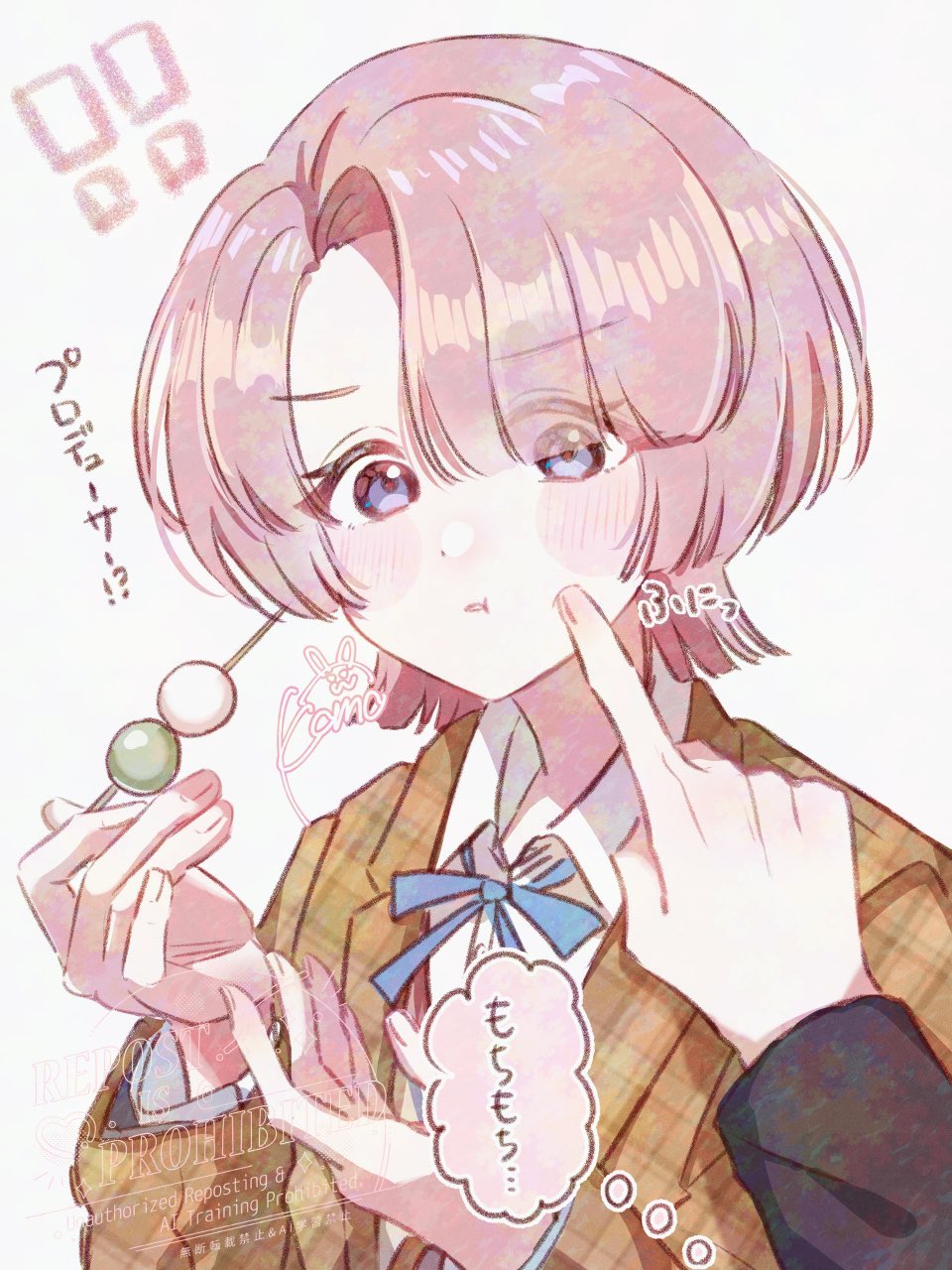 ! 1boy 1girl arimura_mao asymmetrical_bangs blue_ribbon blush brown_jacket cheek_poking commentary_request dango eating food gakuen_idolmaster highres holding holding_skewer idolmaster jacket koimori_komomo looking_at_viewer neck_ribbon pink_hair poking pov pov_hands purple_eyes ribbon sanshoku_dango shirt signature skewer speech_bubble thought_bubble translation_request upper_body wagashi watermark white_shirt