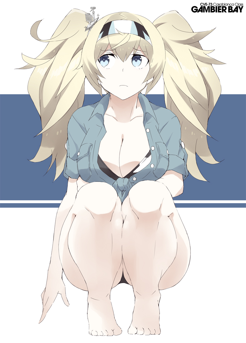 1girl barefoot bikini black_bikini blonde_hair blue_eyes blue_shirt breast_pocket breasts character_name commentary_request female_focus gambier_bay_(kancolle) gambier_bay_(summer)_(kancolle) hairband kantai_collection large_breasts pocket shigino_sohuzi shirt solo squatting star_(symbol) star_print swimsuit tied_shirt twintails white_background
