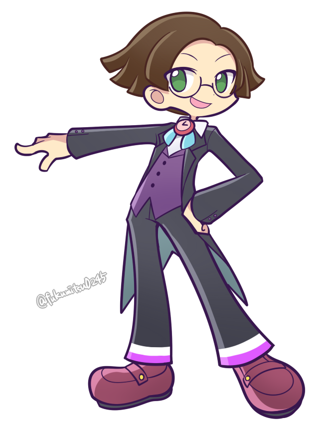 1boy black_jacket black_pants brown_hair brown_shoes dot_nose fukumitsu_(kirarirorustar) full_body glasses green_eyes jacket klug_(puyopuyo) long_sleeves male_focus official_style open_mouth outstretched_arm pants purple_vest puyopuyo puyopuyo_fever shoes short_hair simple_background solo standing twitter_username vest