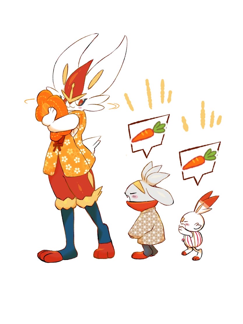 animal_ears carrot cinderace closed_mouth evolutionary_line furry gen_8_pokemon holding inoshikachou nintendo orange_eyes pokemon pokemon_(creature) rabbit_ears rabbit_tail raboot scorbunny smile standing tail