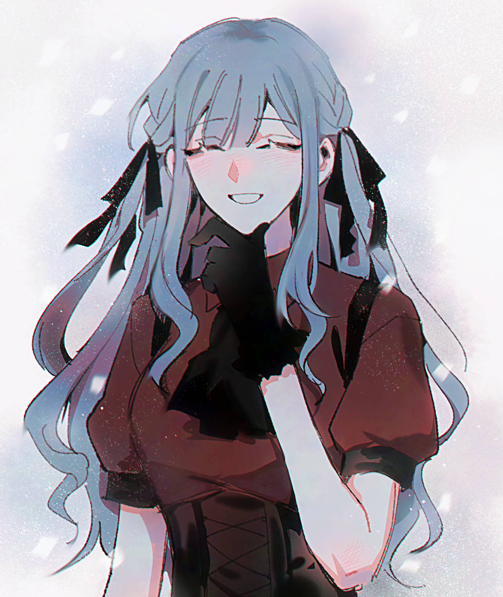 1girl ascot bang_dream! bang_dream!_it&#039;s_mygo!!!!! black_ascot black_corset black_gloves black_ribbon blue_hair blush closed_eyes commentary corset gloves hair_ribbon long_hair maybecrosswise multicolored_hair oblivionis_(bang_dream!) open_mouth red_shirt ribbon roots_(hair) shirt short_sleeves sidelocks smile solo togawa_sakiko upper_body
