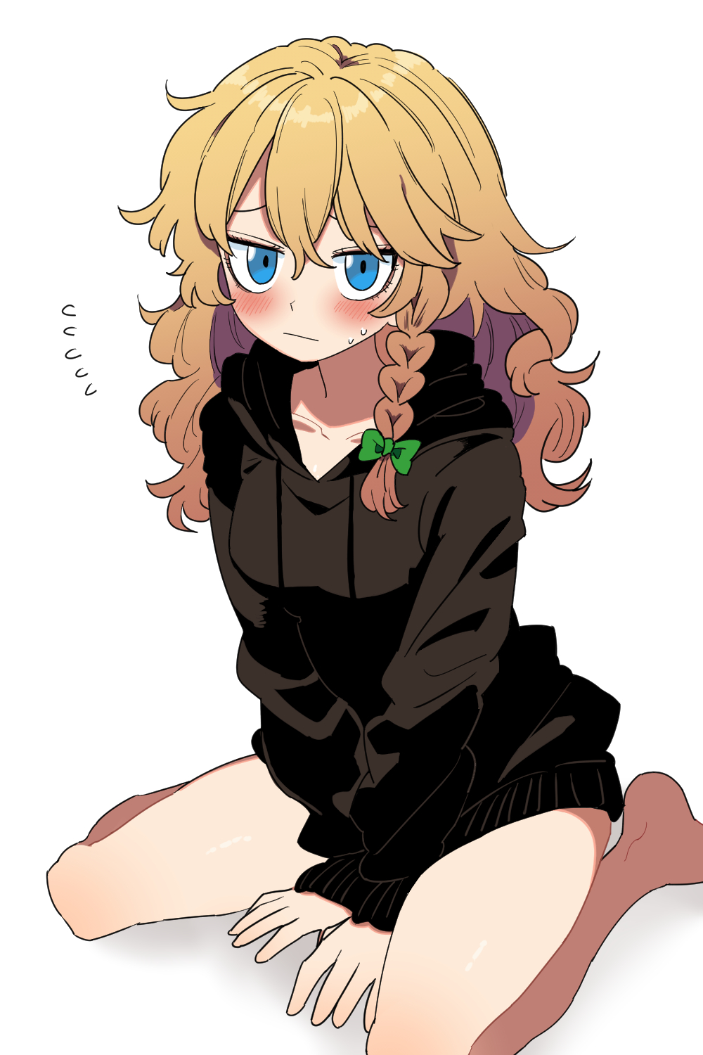 1girl :/ bare_legs barefoot black_hoodie blue_eyes blush bollzzalguy braid breasts closed_mouth commentary_request full_body highres hood hood_down hoodie jitome kirisame_marisa long_hair long_sleeves naked_hoodie simple_background single_braid sitting small_breasts solo touhou wariza white_background