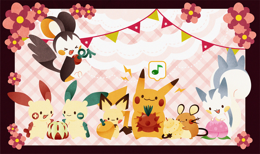 &gt;_&lt; :3 :d animal_focus berry_(pokemon) cheri_berry closed_eyes closed_mouth commentary_request dedenne dot_nose emolga flower food fruit gen_1_pokemon gen_2_pokemon gen_3_pokemon gen_4_pokemon gen_5_pokemon gen_6_pokemon grepa_berry holding holding_food holding_fruit kyou_(karankoron) liechi_berry lightning_bolt_symbol minun musical_note nintendo no_humans open_mouth pachirisu pecha_berry pichu pikachu pink_flower plusle pokemon pokemon_(creature) pokemon_focus sitrus_berry sixteenth_note smile spoken_musical_note tamato_berry trait_connection