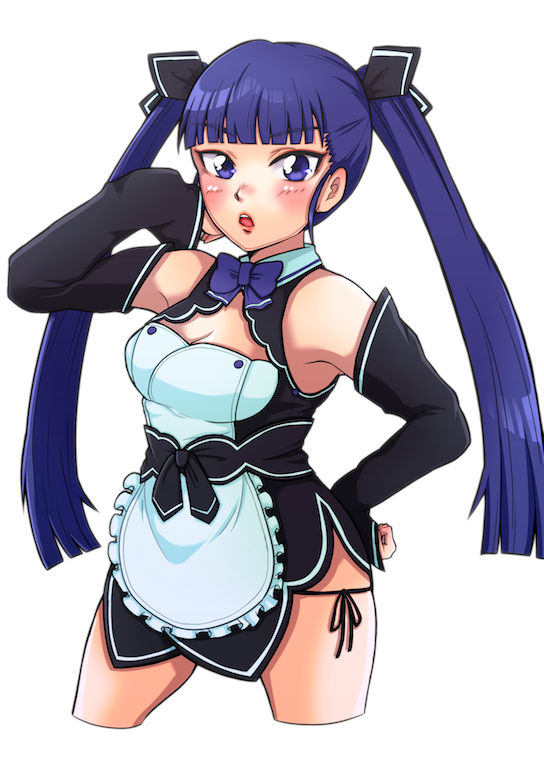 1girl apron bare_shoulders black_panties blue_eyes blue_hair blunt_bangs blush bow bowtie breasts character_request cleavage cropped_legs detached_sleeves dream_c_club dream_c_club_(series) dream_c_club_gogo. eyebrows female_focus hand_on_own_hip long_hair matching_hair/eyes panties parted_lips ryoko_(pixiv5063455) ryoko_(tbtrk1026) side-tie_panties solo twintails underwear