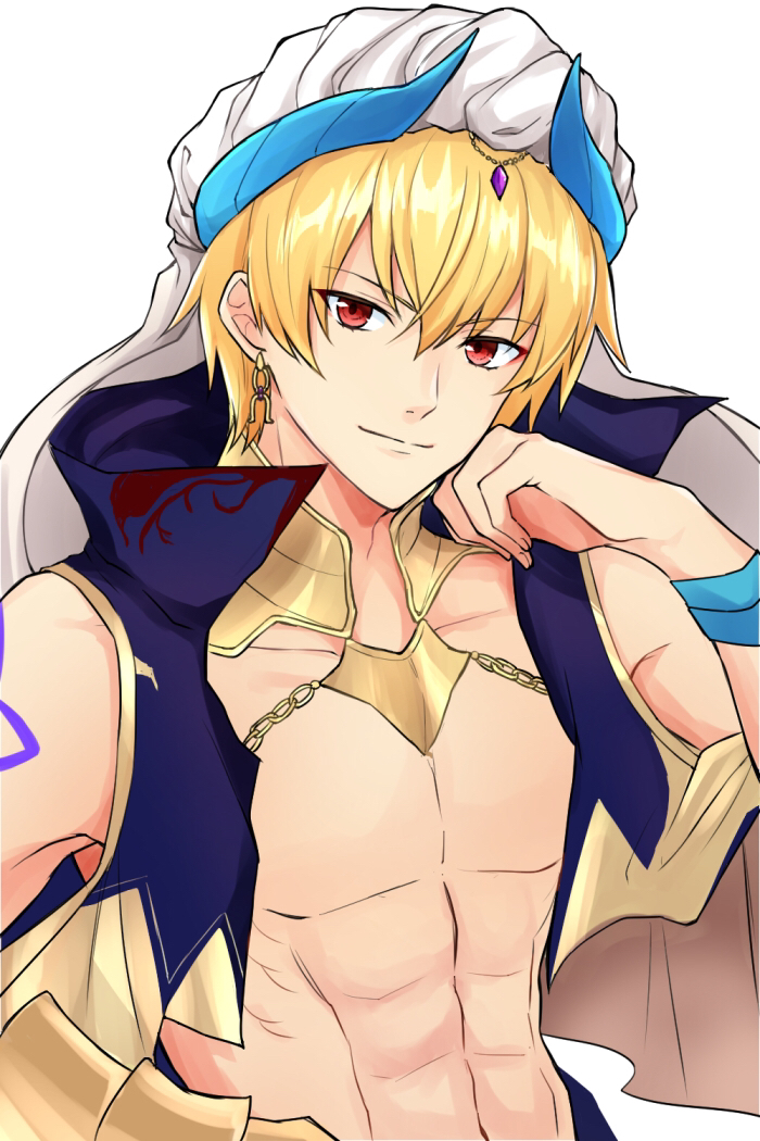 1boy abs blonde_hair blue_vest commentary_request cropped_vest earrings fate/grand_order fate_(series) gauntlets gilgamesh gilgamesh_(caster)_(fate) gilgamesh_(fate) hat jewelry male_focus red_eyes single_gauntlet smile solo toned toned_male torinonest upper_body vest white_hat