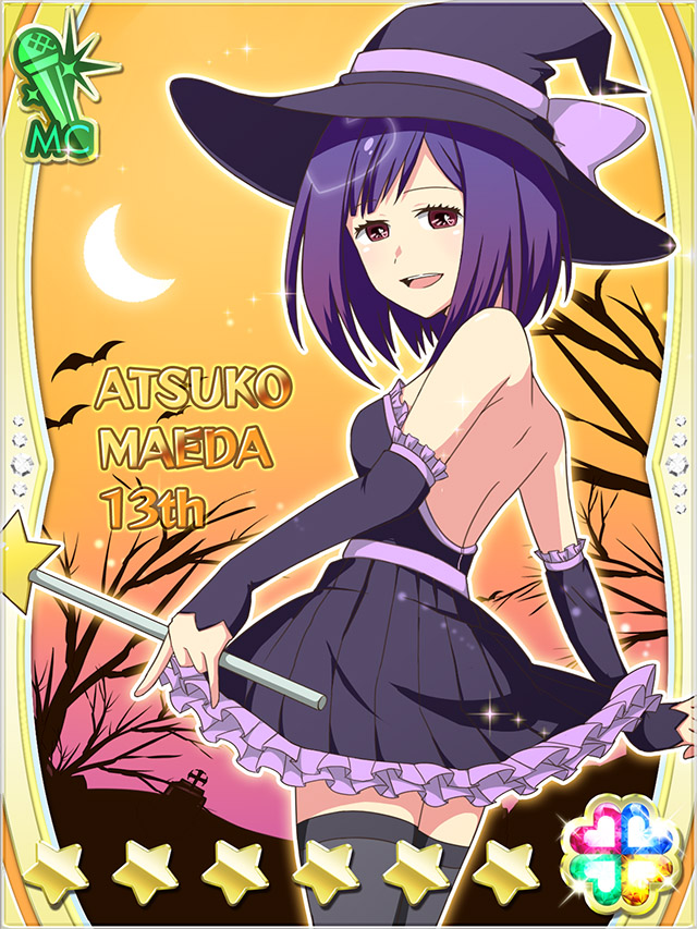 1girl :d akb0048 bare_shoulders bare_tree bat_(animal) black_hat black_thighhighs card_(medium) character_name cowboy_shot dress elbow_gloves frilled_dress frills from_behind gloves halloween halloween_costume hat heart holding holding_staff looking_at_viewer maeda_atsuko_(akb0048) moon non-web_source official_art open_mouth orange_sky outdoors pleated_dress purple_dress purple_eyes purple_gloves purple_hair short_hair sky smile solo sparkle staff standing star_(symbol) strapless strapless_dress teeth thighhighs tree twisted_torso upper_teeth_only witch_hat