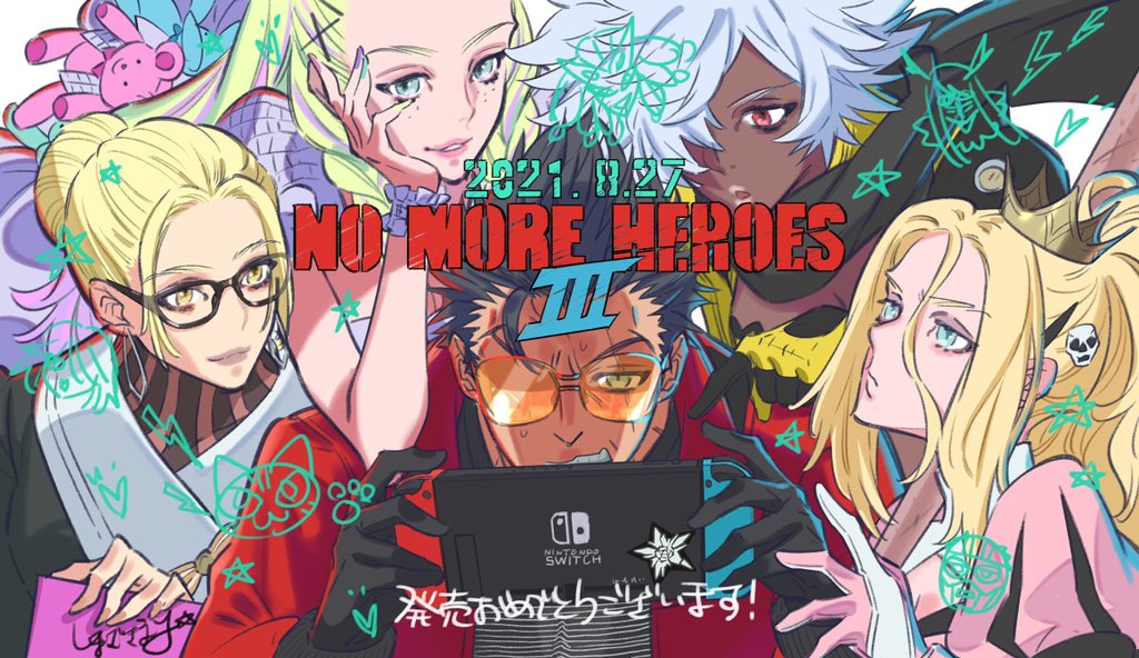 1boy 4girls bad_girl black_gloves black_hair blonde_hair copyright_name crown dark-skinned_female dark_skin freckles glasses gloves hair_ornament handheld_game_console jacket kimmy_howell mini_crown multiple_girls nail_polish nintendo_switch no_more_heroes no_more_heroes_3 official_art scar scarf second-party_source shimazaki_mari shinobu_jacobs silver_hair skull_hair_ornament sunglasses sylvia_christel travis_touchdown