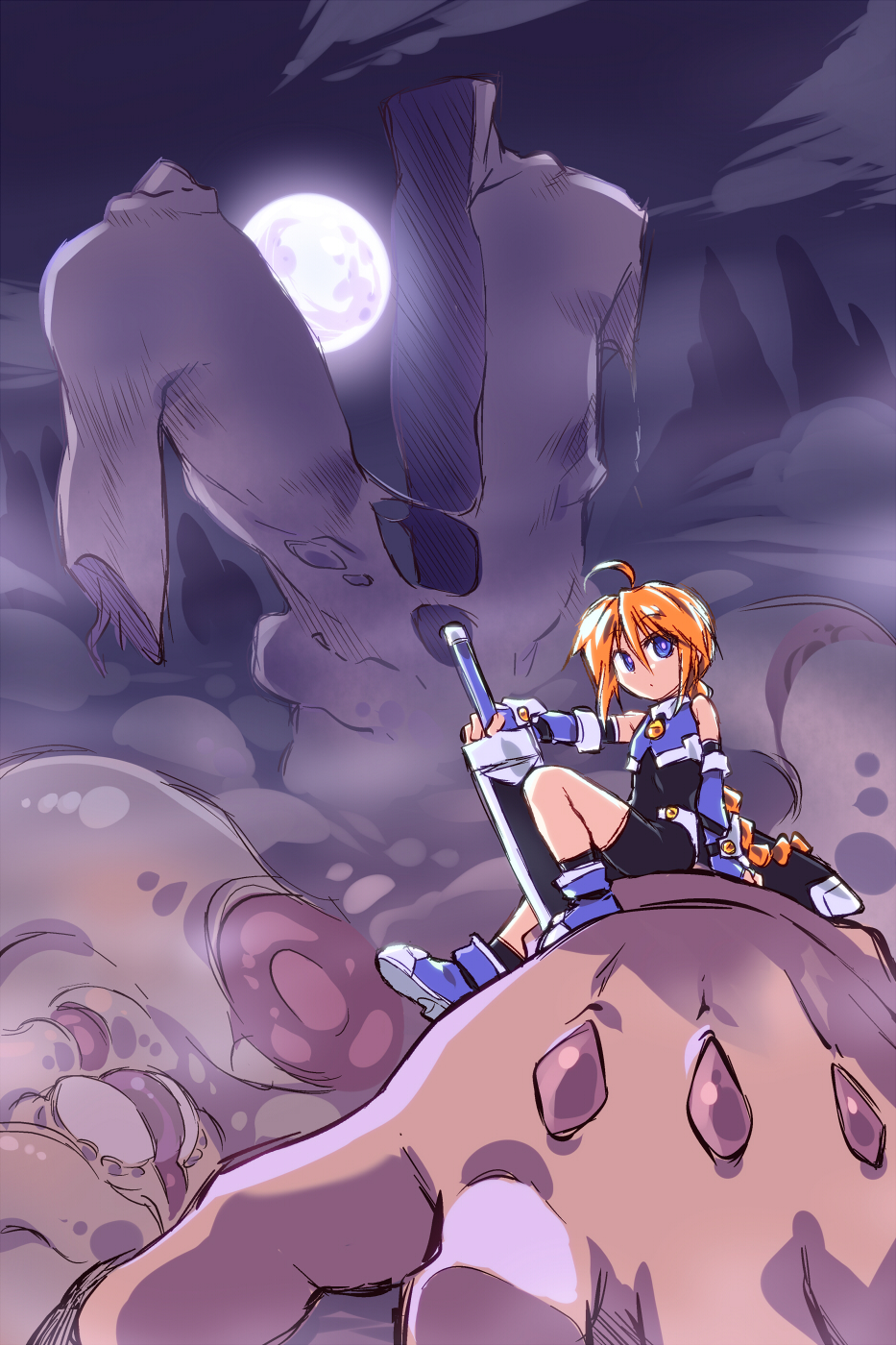 1girl after_battle ahoge blonde_hair blue_eyes blue_shoes braid commentary_request elbow_gloves fingerless_gloves full_moon giant girl_with_a_blonde_braid_(tomoshibi_hidekazu) gloves greatsword hair_between_eyes highres monster moon night original outdoors planted planted_sword planted_weapon scabbard severed_arm severed_limb sheath shoes single_braid sitting solo sword tomoshibi_hidekazu weapon