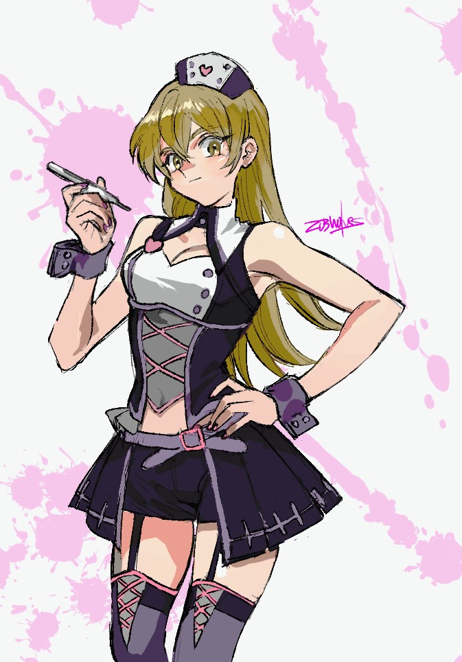 1girl 203wolves alternate_costume bare_shoulders black_shorts black_skirt black_vest breasts brown_eyes brown_hair cleavage cowboy_shot large_breasts shorts simple_background skirt solo tenjouin_asuka vest white_background yu-gi-oh! yu-gi-oh!_gx
