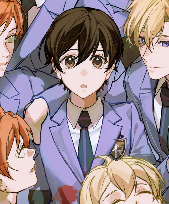 1girl 6+others :o ^_^ blonde_hair brown_hair closed_eyes fujioka_haruhi green_eyes haninozuka_mitsukuni hitachiin_hikaru hitachiin_kaoru male_harem multiple_boys multiple_others necktie orange_hair oretsuu ouran_high_school_host_club purple_eyes school_uniform short_hair smile suou_tamaki