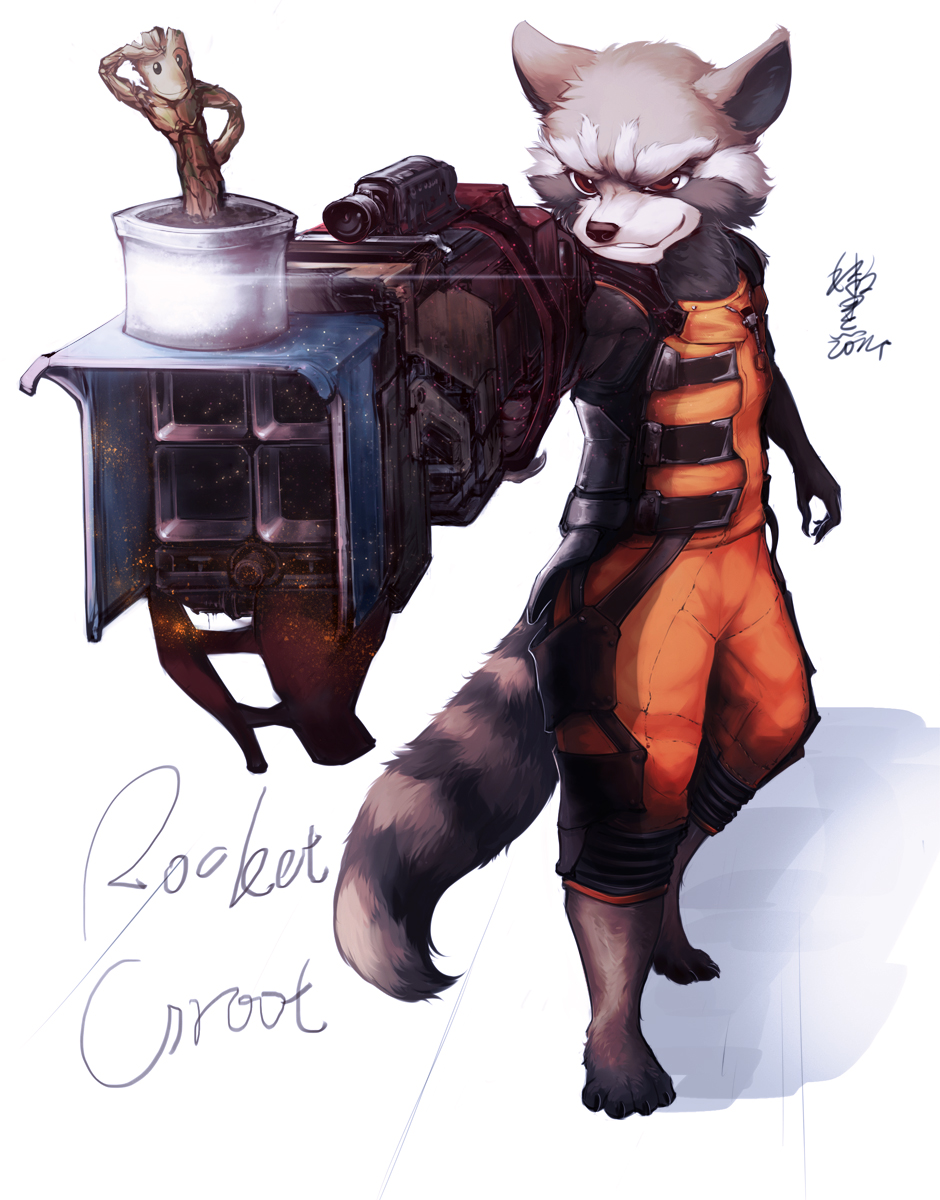 2boys aiming animal_ears barefoot bodysuit brown_fur character_name claws commentary diffraction_spikes english_text flower_pot furry furry_male grin groot guardians_of_the_galaxy gun highres holding holding_gun holding_weapon linlvjia male_focus marvel marvel_cinematic_universe multiple_boys orange_bodysuit raccoon_boy raccoon_ears raccoon_tail rocket_raccoon signature smile symbol-only_commentary tail tree weapon white_background