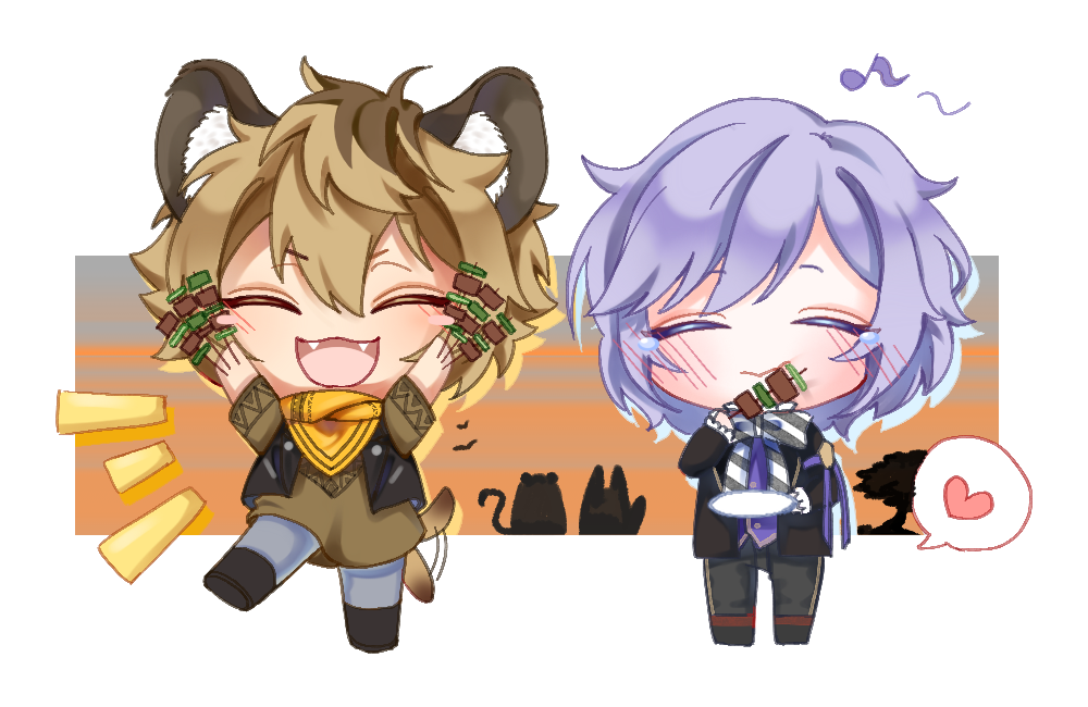 2boys bandana black_jacket blush brown_hair chibi closed_eyes epel_felmier fang full_body heart holding holding_skewer hyena_boy hyena_ears hyena_tail jack_howl jacket leona_kingscholar male_focus multiple_boys night_raven_college_uniform notice_lines purple_hair ruggie_bucchi scps970819 short_hair skewer sleeveless sleeveless_jacket spoken_heart standing standing_on_one_leg tail tail_wagging twisted_wonderland yellow_bandana