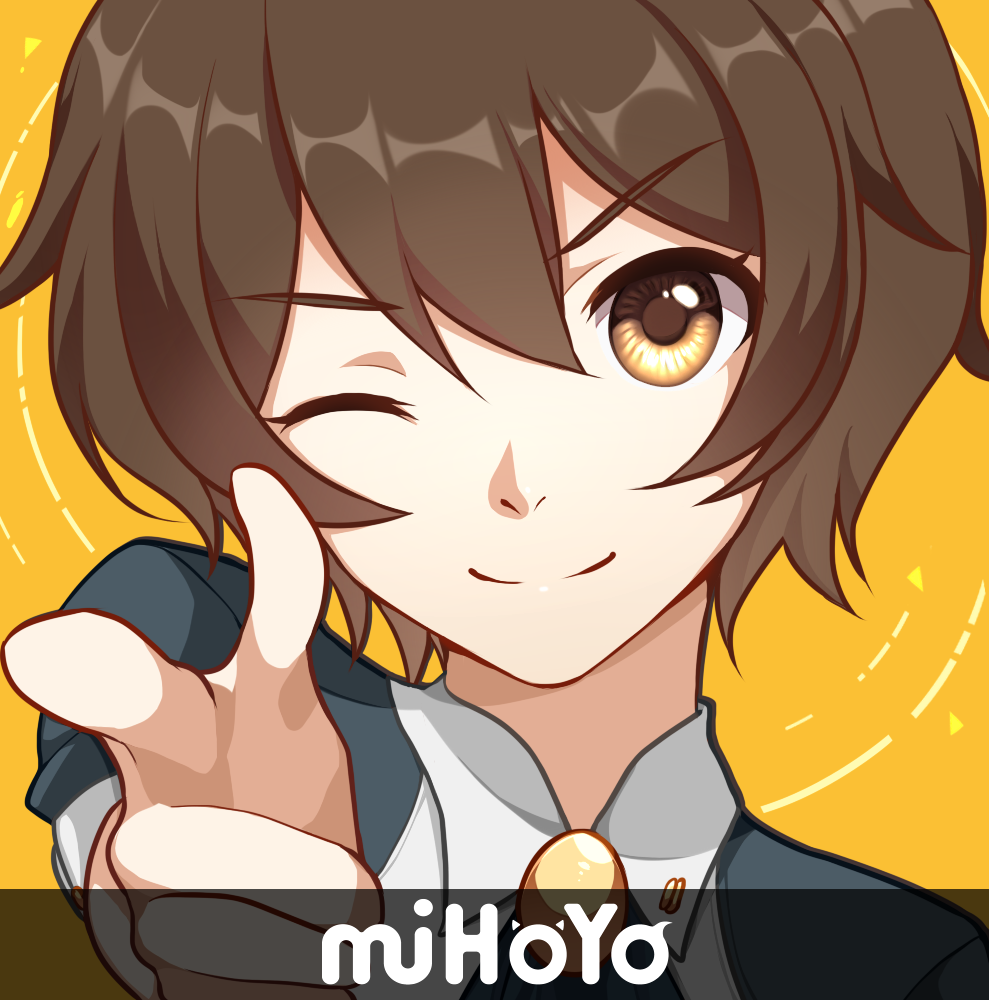 1boy aged_down bang_(gesture) brown_eyes brown_hair close-up closed_mouth company_name finger_gun hair_between_eyes honkai_(series) honkai_impact_3rd momoko_nico one_eye_closed parody portrait simple_background smile solo welt_yang yellow_background