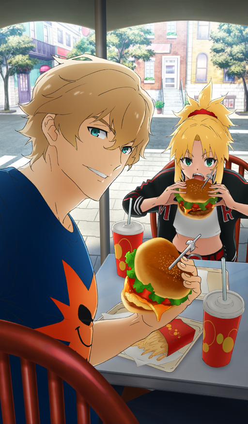 1boy 1girl black_jacket blonde_hair blue_eyes blue_shirt bread_bun brother_and_sister burger chair cheese commentary crop_top cup curtained_hair day disposable_cup fate/grand_order fate_(series) food french_fries gawain_(fate) green_eyes hair_between_eyes hair_ornament hair_scrunchie half-siblings holding holding_burger holding_food jacket letterman_jacket lettuce looking_at_viewer looking_back midriff mordred_(fate) navel official_alternate_costume official_art open_mouth outdoors parted_lips patio_umbrella ponytail print_shirt red_scrunchie road scrunchie sesame_seeds shirt short_hair siblings sidelocks sitting smile street sunlight suzuki_ema table teeth tomato white_shirt