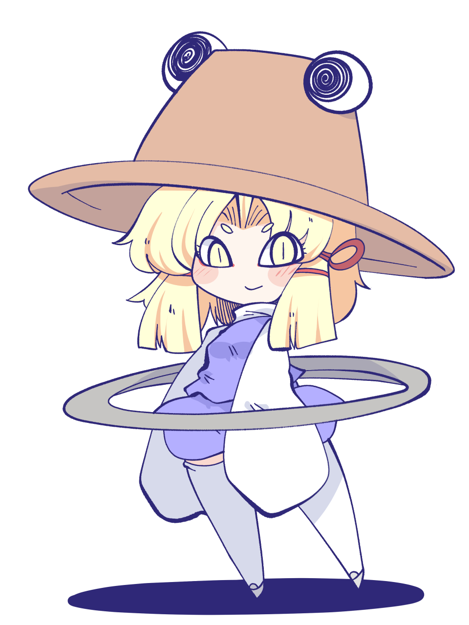&gt;:) 1girl @_@ blonde_hair blush chahan_(fried_rice0614) commentary hair_ribbon hat highres hoop hula_hoop long_bangs medium_hair moriya_suwako oversized_hat purple_shirt purple_skirt ribbon shirt skirt solo standing thighhighs touhou turtleneck v-shaped_eyebrows very_long_sleeves white_footwear white_sleeves white_thighhighs yellow_eyes