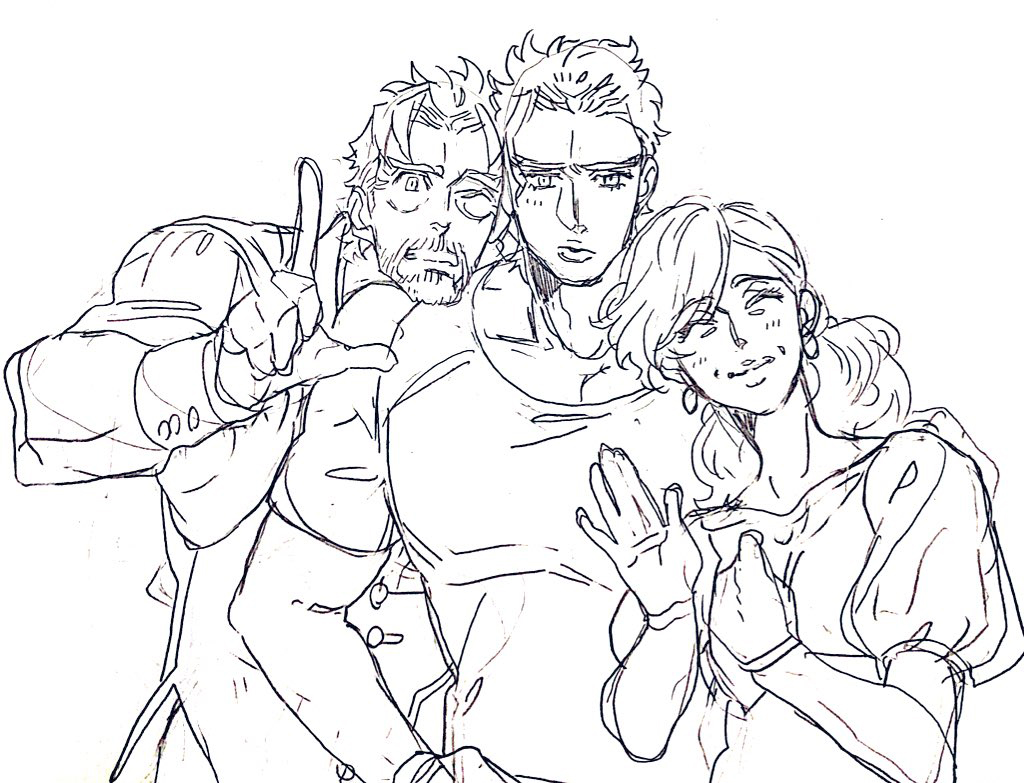 1girl 2boys beard blush dress facial_hair family father_and_daughter grandfather_and_grandson jojo_no_kimyou_na_bouken joseph_joestar joseph_joestar_(old) kuujou_holly kuujou_joutarou monochrome mother_and_son multiple_boys muscular muscular_male old old_man short_hair smile stardust_crusaders user_stsd5428