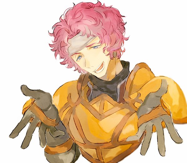 1boy armor fire_emblem fire_emblem:_path_of_radiance fire_emblem:_radiant_dawn headband looking_at_viewer makalov_(fire_emblem) male_focus nintendo pauldrons pink_hair short_hair shoulder_armor shourou_kanna simple_background smile white_background