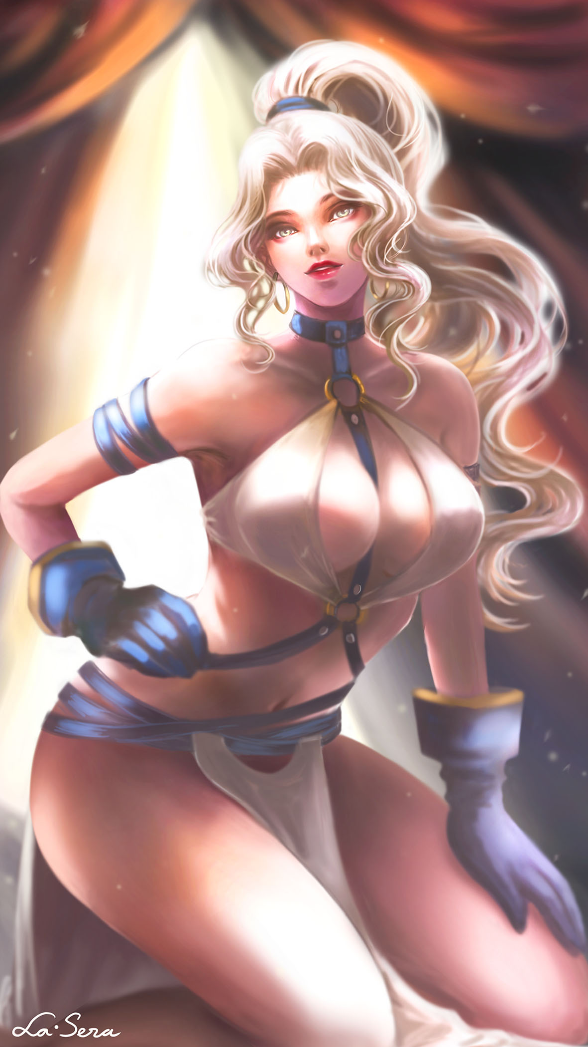 1girl bare_shoulders blue_gloves blue_ribbon breasts cleavage collarbone curtains dress gensou_suikoden gensou_suikoden_iv gloves grey_eyes highres jeane_(suikoden) kneeling la-sera large_breasts long_hair looking_at_viewer o-ring o-ring_top ponytail revealing_clothes ribbon silver_hair solo very_long_hair white_dress