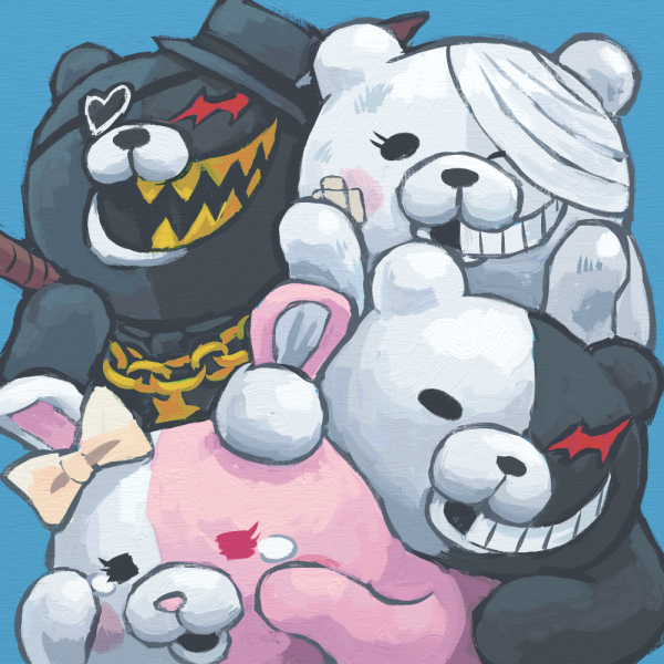 bandaged_head bandages black_headwear blue_background bow chain cigar commentary_request danganronpa_(series) danganronpa_2:_goodbye_despair danganronpa_another_episode:_ultra_despair_girls ear_bow eyepatch grin heterochromia kurokuma_(danganronpa) looking_at_viewer monokuma monomi_(danganronpa) namu_(nurui_cha) no_humans shirokuma_(danganronpa) simple_background smile solid_circle_eyes stuffed_animal stuffed_rabbit stuffed_toy tearing_up teddy_bear teeth