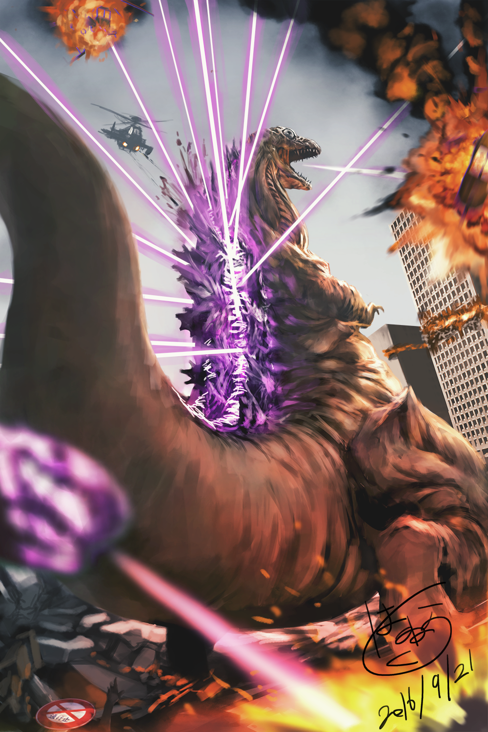 1other aircraft ambiguous_gender bandai battle_spirits breath_weapon building buried city day destruction energy energy_beam fire giant giant_monster glowing glowing_eyes godzilla godzilla_(series) godzilla_(shin) hand_up hanekura_bou helicopter highres kaiju looking_at_viewer military mouth_beam multiple_heads official_art plasma plasma_beam realistic red_eyes shin_godzilla skyscraper spike_beam tail tail_beam tail_head toho