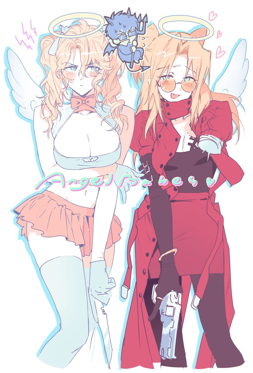 1boy 2girls :p agl_arms_.45_long_colt angel angel_wings black_gloves black_hair black_shirt blonde_hair blue_eyes blue_gloves blue_thighhighs blue_tube_top blush bracelet break-action_revolver breasts chibi closed_mouth coat demon_boy frown genderswap genderswap_(mtf) glasses gloves gun halo handgun highres holding holding_gun holding_knife holding_polearm holding_weapon jewelry knife large_breasts long_hair looking_at_viewer low_bore_axis_revolver millions_knives miniskirt missing_limb mole mole_under_eye multiple_girls nicholas_d._wolfwood orange-tinted_eyewear orange_skirt polearm red_coat red_skirt revolver round_eyewear sakanaokashi shirt simple_background skirt strapless sunglasses thighhighs tinted_eyewear tongue tongue_out trident trigun tube_top twintails v-shaped_eyebrows vash_the_stampede weapon white_background wings