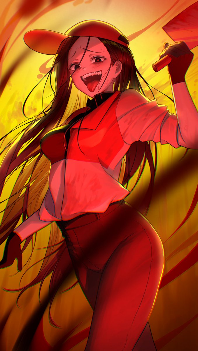 1girl backwards_hat baseball_cap black_eyes black_gloves black_hair black_pants butcher_vanity_(synthesizer_v) cleaver crazy_smile gloves glowing_pupils hair_between_eyes hat highres holding holding_cleaver jacket long_hair luciel_(lucielellis) open_clothes open_jacket open_mouth pale_skin pants red_hat red_pupils shirt smile synthesizer_v teeth tongue tongue_out vimalion_pro white_jacket yellow_background yi_xi_(synthesizer_v)