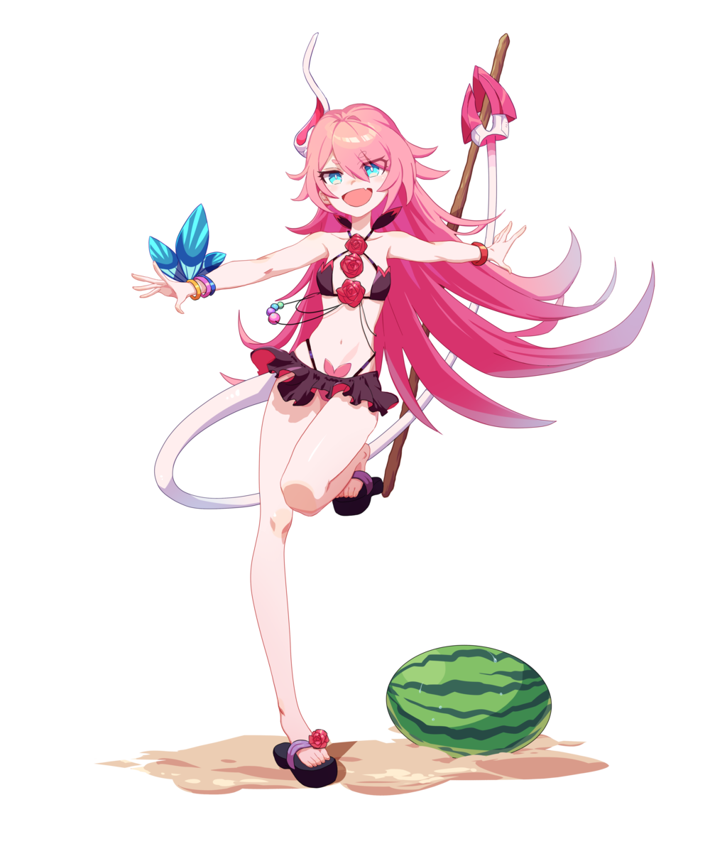 1girl bare_legs beach bikini blue_eyes bracelet double_frill_skirt_swimsuit fangs fangs_out flower food fruit holding holding_stick honkai_(series) honkai_impact_3rd honlo horns jewelry long_hair open_mouth pink_hair rose rozaliya_olenyeva sand sandals single_horn smile solo standing standing_on_one_leg stick stomach swimsuit tail transparent_background watermelon